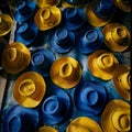 Top view of many blue and yellow hats on a blue background. Royalty Free Stock Photo