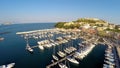 Top view of many boats moored at Marina Grande on Procida Island, luxury hobby