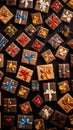 Top view of many different gift boxes with ribbons on black background . Royalty Free Stock Photo