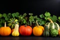 Top view many diversity vegetables whole orange green different pumpkin shapes Halloween background concept lantern