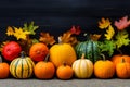 Top view many diversity vegetables whole orange green different pumpkin shapes Halloween background concept lantern