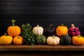 Top view many diversity vegetables whole orange green different pumpkin shapes Halloween background concept lantern