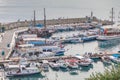 Top view of many group of boat and ship in harbor pier of old town of Kaleici  Antalya  Turkey Royalty Free Stock Photo