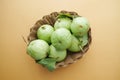 top view of many guava in a bowl on table