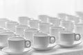 Top view on many stacked in rows of empty clean white cups for t Royalty Free Stock Photo