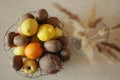 Top view of many tropic fruits with rustic plant. Variety of healthy food