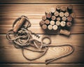 Top view of many wine bottle corks, corkscrew and rope Royalty Free Stock Photo