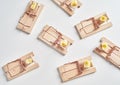 Top view of many wooden mousetraps with cheese