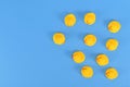 Top view of many yellow rubber ducks on blue background Royalty Free Stock Photo