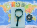 Top View of a map and items, Planning a trip or adventure. dollars money background.Financial concept. Royalty Free Stock Photo