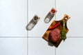 Top view of marinated raw beef steak with spice on ceramic tile Royalty Free Stock Photo