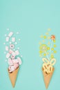 top view of marshmallows lollipops and waffle cones Royalty Free Stock Photo