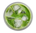 Top view of matcha green tea latte with ice cubes in a glass isolated on white background, clipping path Royalty Free Stock Photo