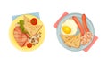 Top view of meal served on plates set. Traditional breakfast dishes vector illustration Royalty Free Stock Photo