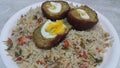 Top view of meat balls or meat kofta curry in vegetable rice dish