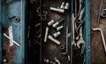 Top View of Mechanic Tools at the Garage. Engineer, Craftsman Toolbox