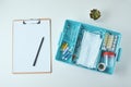 Top view of medical items and empty paper blank sheet on the white background. Healthcare and medicine concept Royalty Free Stock Photo