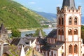 top view of medieval German city of Bacharach, Postenturm, wide waters of Rhine River, valley among luxurious vineyards, wine Royalty Free Stock Photo