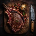Top view of medium rare Tomahawk Steak on wooden Cutting Board with spices, chilli pepper and knife. Juicy tomahawk ribeye steak Royalty Free Stock Photo