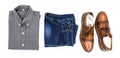 Top view men apparel, grey shirt, blue jean, leather shoes brown