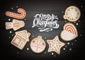 Top view of Merry Christmas concept design. Holiday cookies on wooden background. Royalty Free Stock Photo