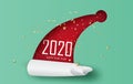 Top view Merry Christmas hat concept.Happy New Year horizontal banner.Red tone background with realistic gold snowflakes,star and Royalty Free Stock Photo