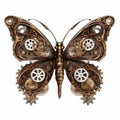 Top view on metal steampunk butterfly with gears in wings lie on white background