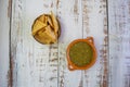 Top view Mexican Green Sauce with Tortilla Chips