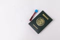 Top view of a Mexican passport and a COVID-19 virus test sample on a white background Royalty Free Stock Photo