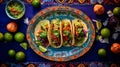 Top view mexican tacos with guacamole and vegetables on blue plate, vibrant embroidered tablecloth