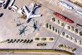 Top view of the military base. Tanks, self-propelled howitzers, rocket launchers, helicopters and aircraft