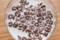 Top view of milk bowl, alphabet letters of cereal and chocolate flakes on wooden table, healthy Breakfast for kids and adults, Royalty Free Stock Photo