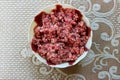 Minced mutton in a plastic bowl