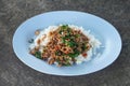 Top view minced pork basil on a blue plate, on cement floor background, food, nature, vegetable, copy space