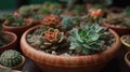 Top View of Miniature Succulent Plants in Clay Pot for Ornamental Greenery Decoration.