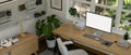 Top view of a minimal white home office interior with PC computer mockup on wood table Royalty Free Stock Photo