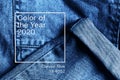 Top view minimalistic background. Denim jeans texture . Web banner, greeting card idea. Concept color of Year 2020