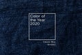 Top view minimalistic background. Denim jeans texture . Web banner, greeting card idea. Concept color of Year 2020
