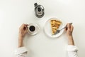 Top view of minimalistic table with business lunch with coffee, Royalty Free Stock Photo