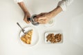 Top view of minimalistic table with business lunch with coffee, Royalty Free Stock Photo