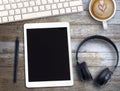 Top view Minmal workspace with keyboard, white paper and coffee cup on wood table background