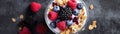 Top View Mixed Berry Smoothie With Yogurt And Granola Banner Background. Generative AI
