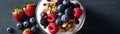 Top View Mixed Berry Smoothie With Yogurt And Granola. Banner For Web. Generative AI