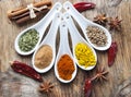 Top view on mixed dry colorful spices on wooden rustic table