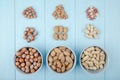 top view of mixed nuts in shell and without shell on blue background Royalty Free Stock Photo