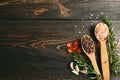 Top view of mixed peppercorns and sea salt in wooden spoons, fresh rosemary and garlic on dark wooden background Royalty Free Stock Photo