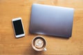 Top view mockup image of a white mobile phone with blank black desktop screen with laptop and coffee cup Royalty Free Stock Photo