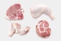 Top view of mockup raw chicken and pork chop set isolated on white background. Clipping Path included on white background Royalty Free Stock Photo