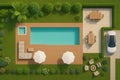 Clean Minimal Backyard Landscape Design Top View Featuring Pool, Wooden Deck, Outdoor Seating and Garden Planting Royalty Free Stock Photo