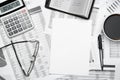 Top view of modern black office desk with notebook, pencil, financial statements and a lot of things. Flat lay table layout Royalty Free Stock Photo